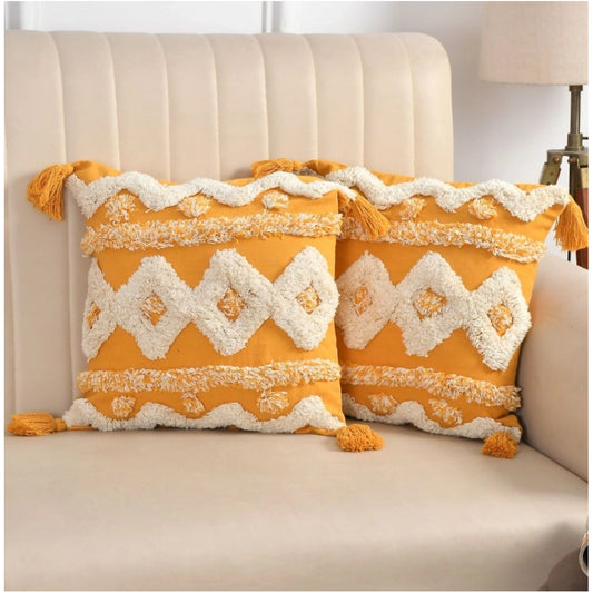 Amfyn Cotton Tufted Cushion Pillow Cover 16x16 Inch Pack of 2 (Yellow White)