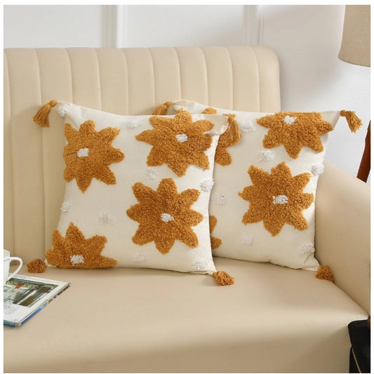 Amfyn Cotton Flower Tufted Cushion Pillow Cover 16x16 Inch Pack of 2 (Yellow)