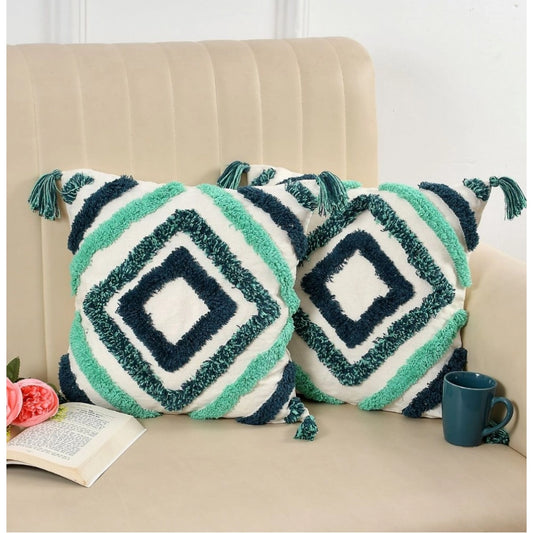Amfyn Cotton Tufted Cushion Pillow Cover 16x16 Inch Pack of 2 (Green)