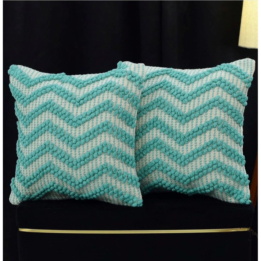 Amfyn Cotton Handcrafted Pit Loom Cushion Cover 16x16 Inch Pack of 2 (Sea Green)