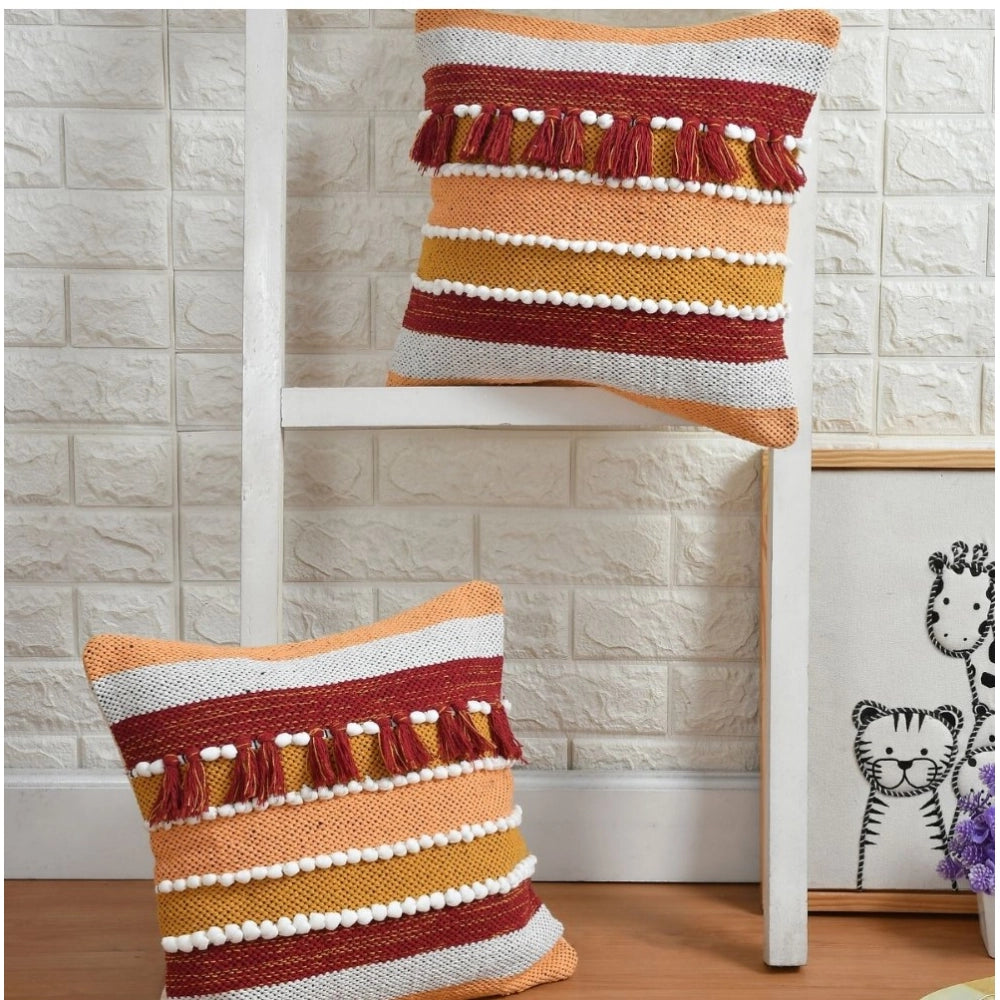 Amfyn Cotton Handcrafted Pit Loom Cushion Cover 16x16 Inch Pack of 2 (Orange)