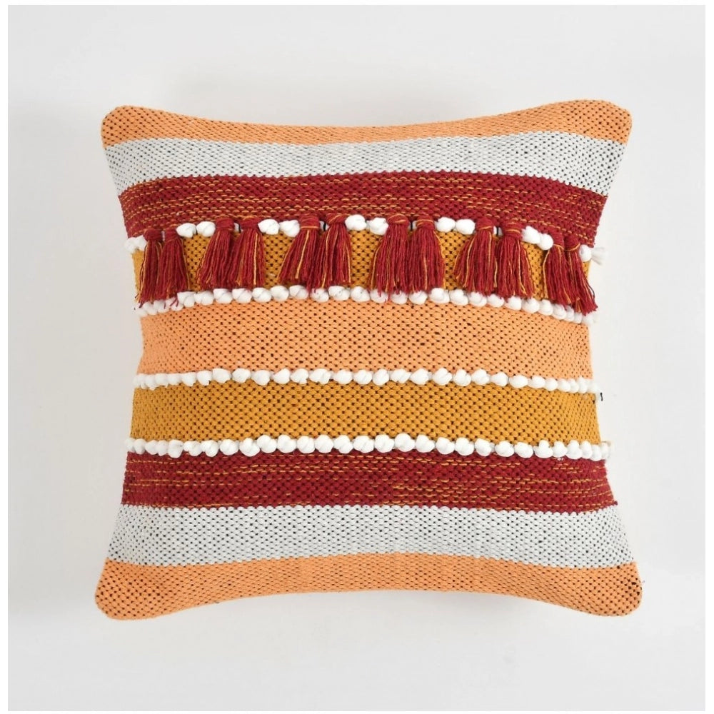 Amfyn Cotton Handcrafted Pit Loom Cushion Cover 16x16 Inch Pack of 2 (Orange)