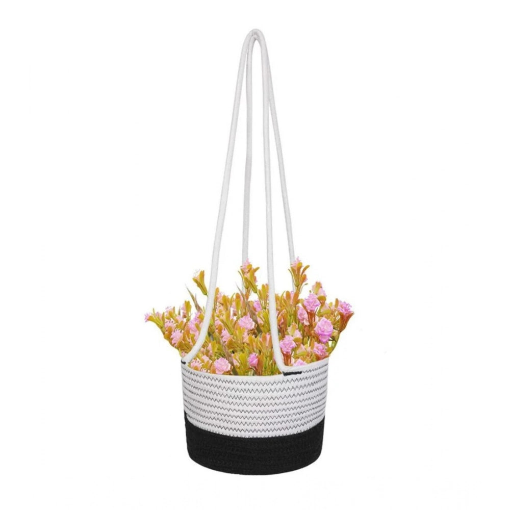 Amfyn Cotton Hanging Planter Flower Basket Pack of 1 (Black &amp; White)
