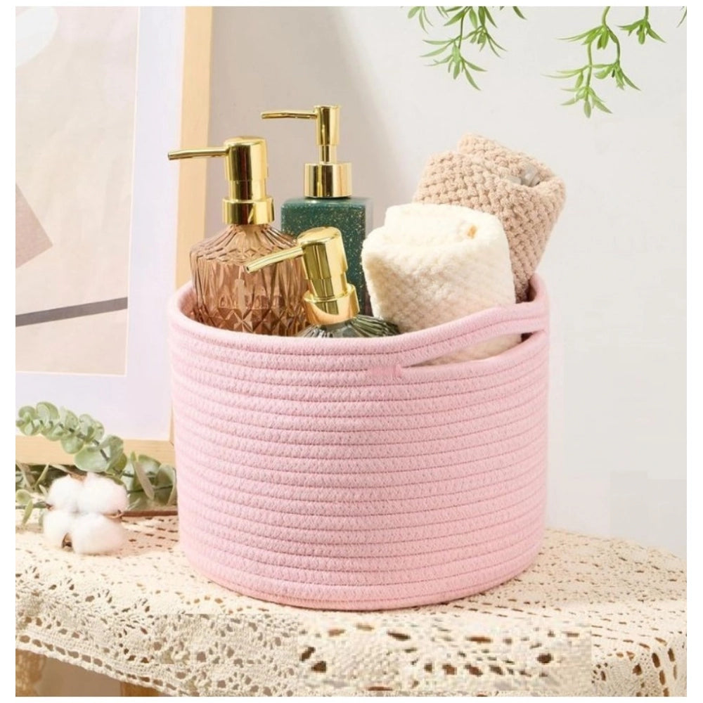 Amfyn Cotton Round Small Storage Basket 9x7 Inch Pack of 1 (Baby Pink)
