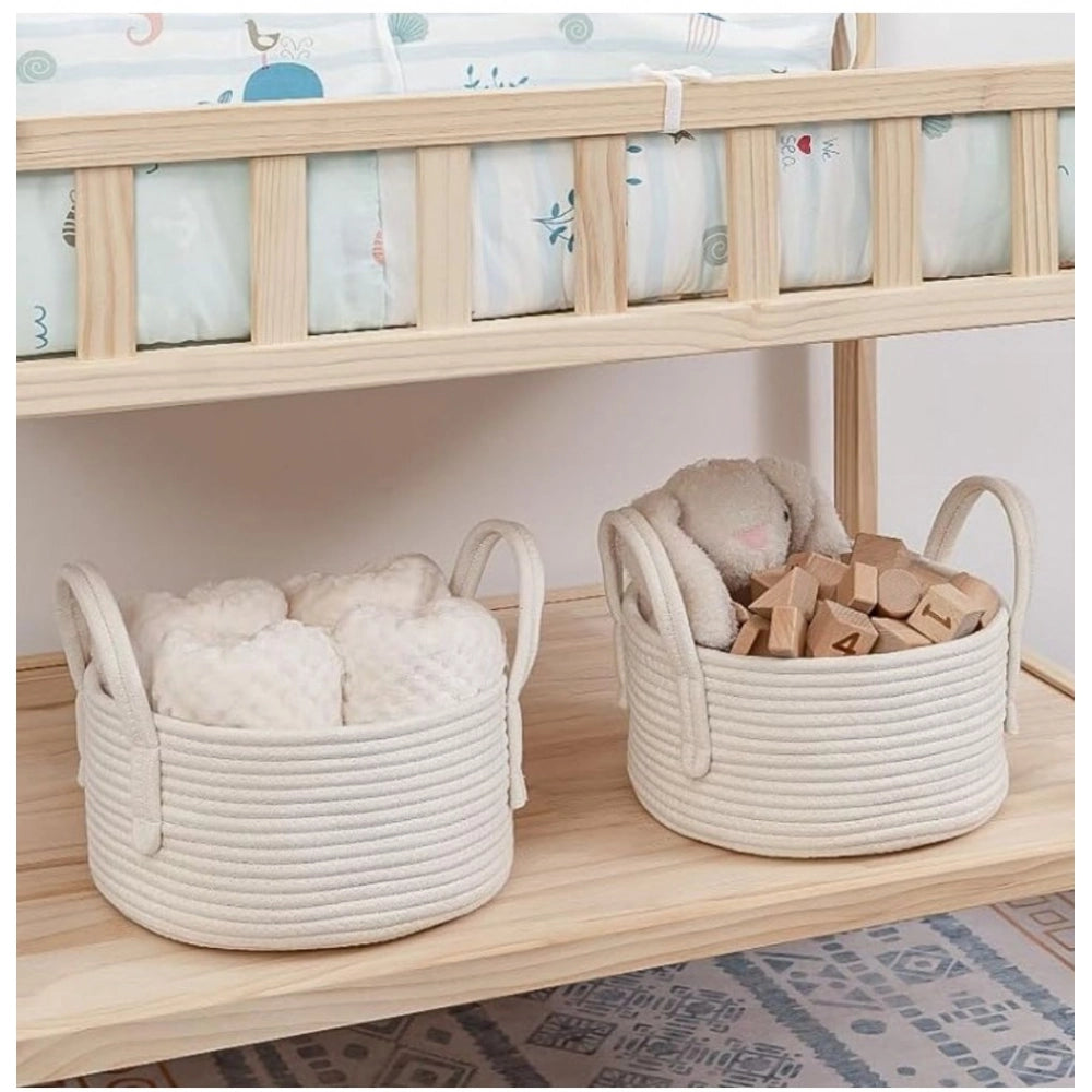 Amfyn Cotton Round Storage Rope Woven Baskets Pack of 2 (White)