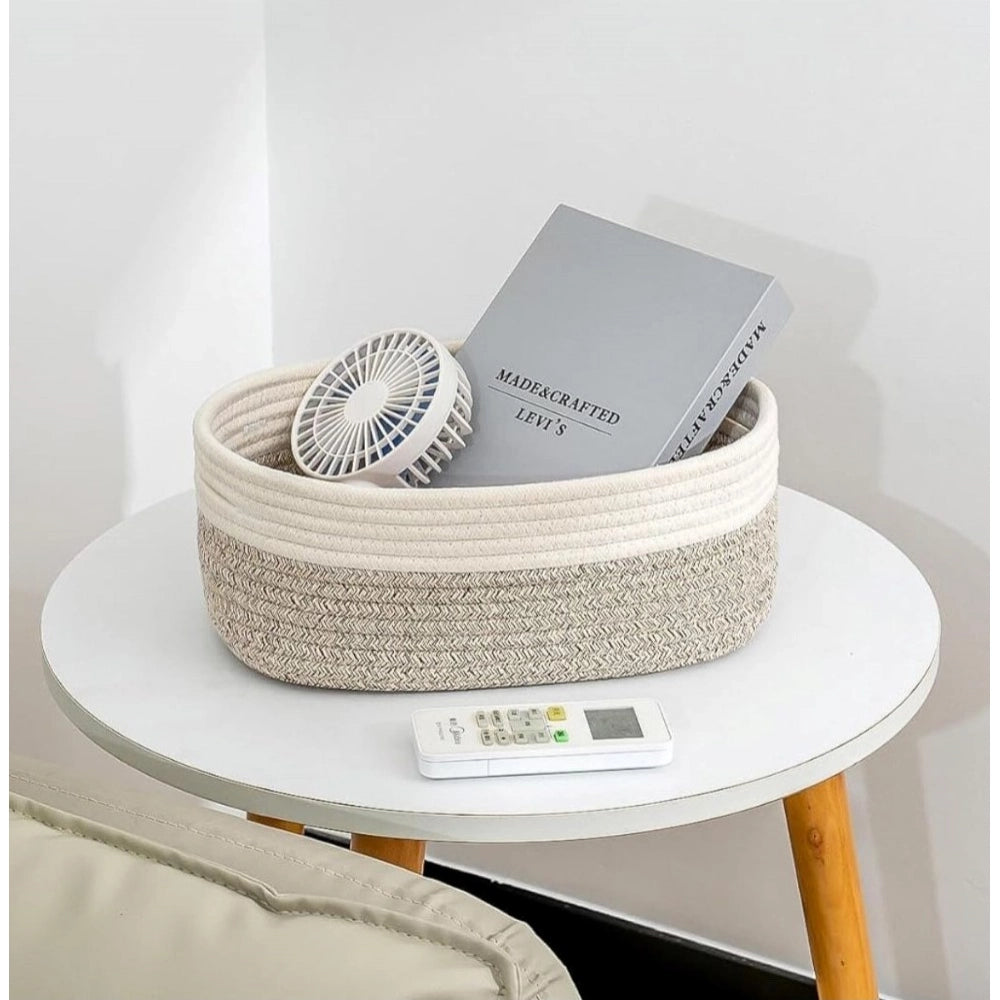 Amfyn Cotton Oval Storage Rope Woven Baskets Pack of 1 (White Mix)
