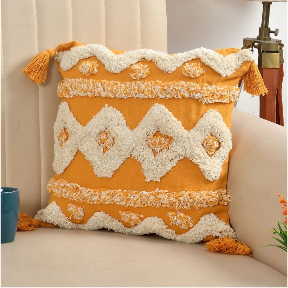 Amfyn Cotton Tufted Cushion Pillow Cover 16x16 Inch Pack of 2 (Yellow White)