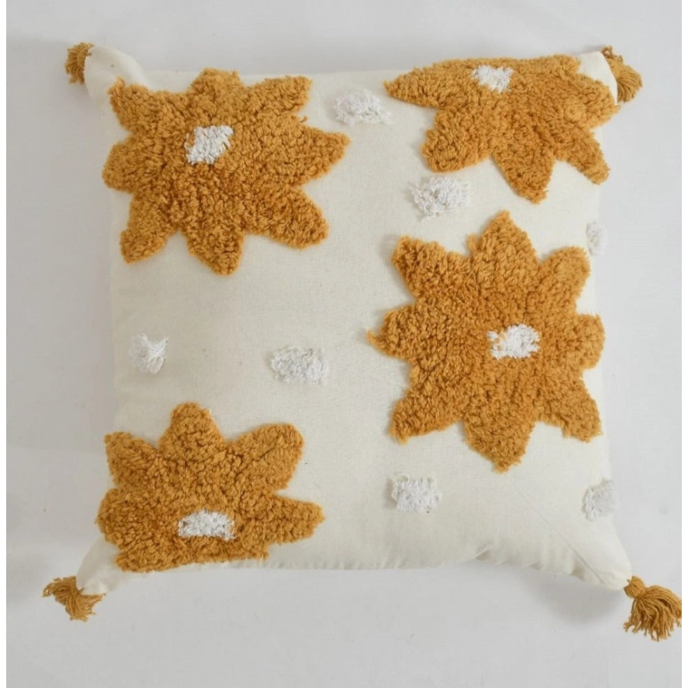 Amfyn Cotton Flower Tufted Cushion Pillow Cover 16x16 Inch Pack of 2 (Yellow)