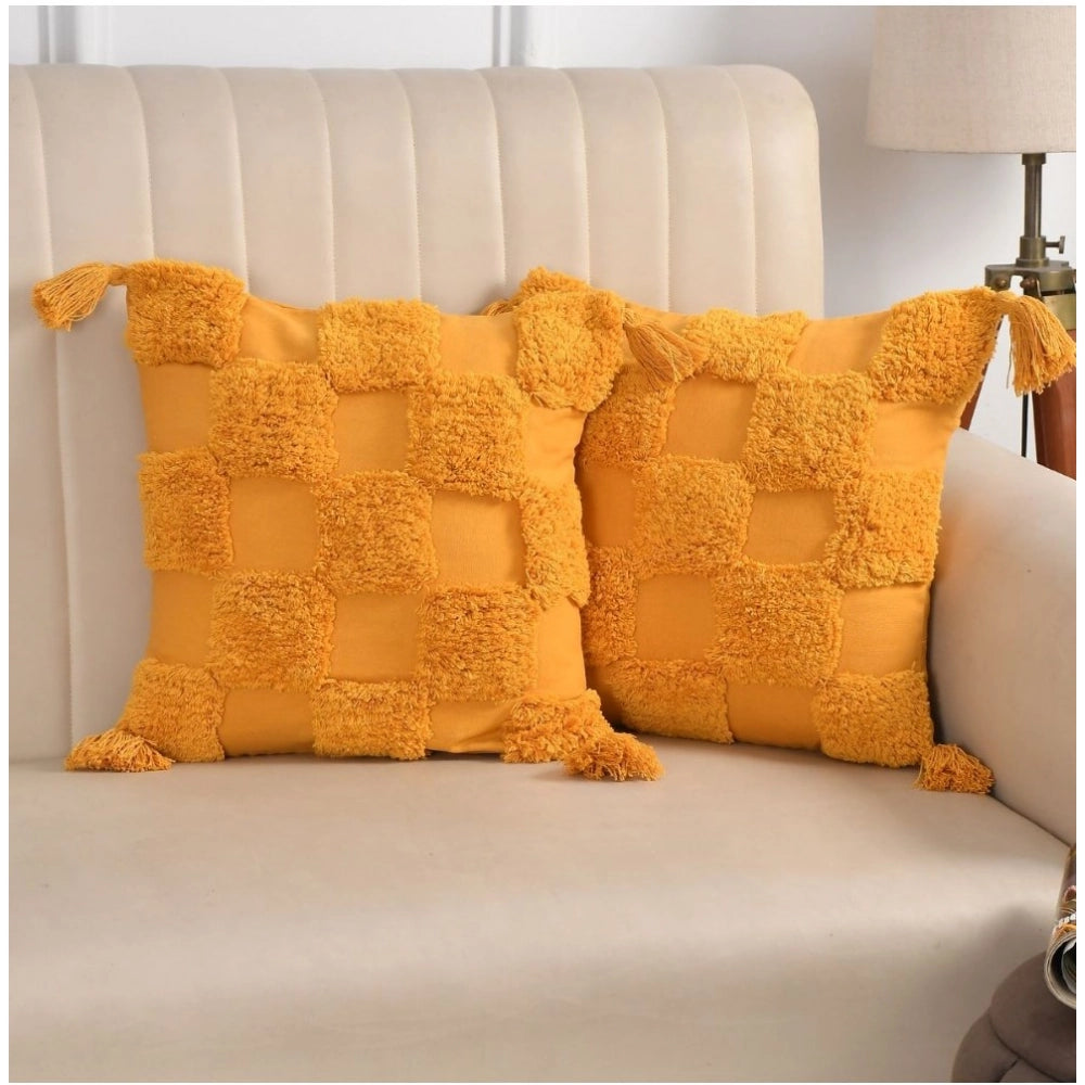 Amfyn Cotton Tufted Cushion Pillow Cover 16x16 Inch Pack of 2 (Yellow)