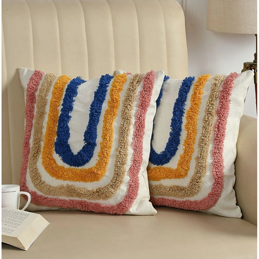 Amfyn Cotton Tufted Cushion Pillow Cover 16x16 Inch Pack of 2 (Ranibow)