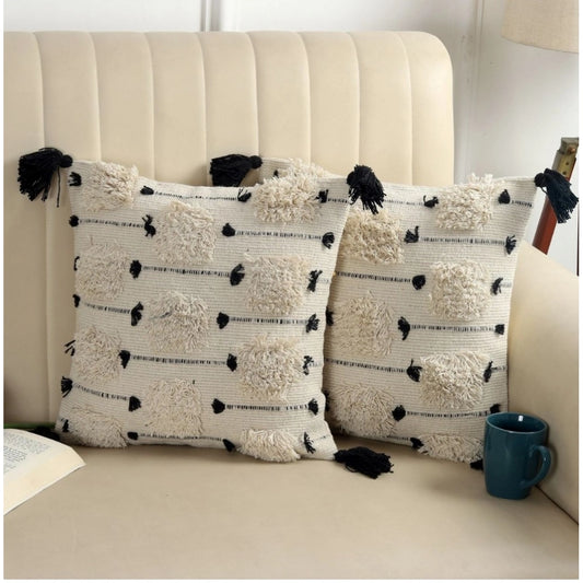 Amfyn Cotton Handcrafted Pit Loom Cushion Cover 16x16 Inch Pack of 2 (Black)
