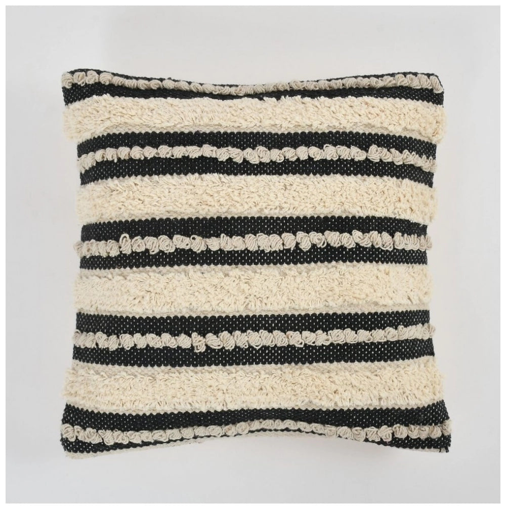 Amfyn Cotton Striped Handcrafted Pit Loom Cushion Cover 16x16 Inch Pack of 2 (Black Cream)