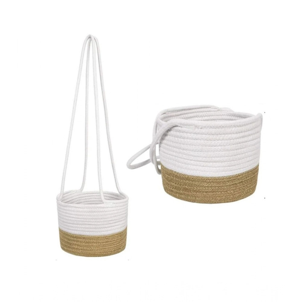 Amfyn Cotton Hanging Planter Flower Basket Pack of 1 (Beige White)