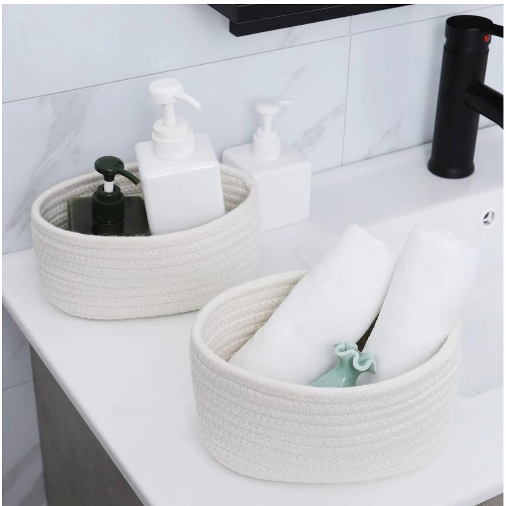 Amfyn Cotton Storage Rope Woven Baskets Pack of 2 (White)