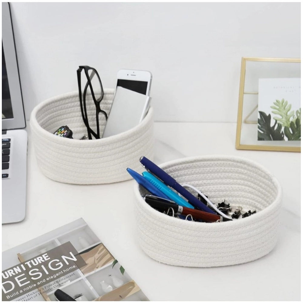 Amfyn Cotton Storage Rope Woven Baskets Pack of 2 (White)