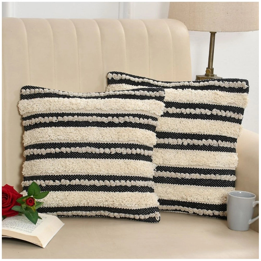 Amfyn Cotton Diamond Handcrafted Pit Loom Cushion Cover 16x16 Inch Pack of 2 (Black Cream)