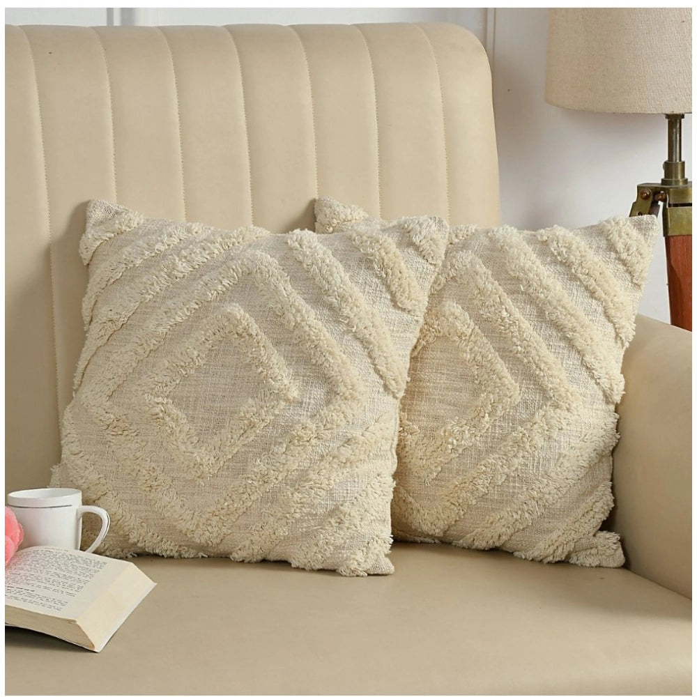 Amfyn Cotton Tufted Cushion Pillow Cover 16x16 Inch Pack of 2 (Off White)