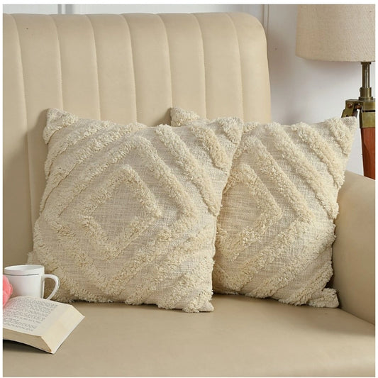 Amfyn Cotton Tufted Cushion Pillow Cover 16x16 Inch Pack of 2 (Off White)