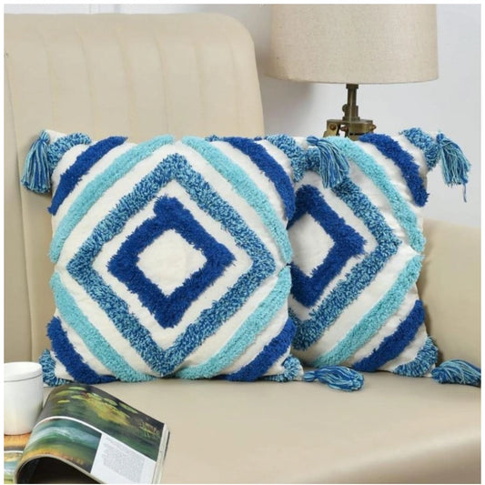 Amfyn Cotton Tufted Cushion Pillow Cover 16x16 Inch Pack of 2 (Blue)