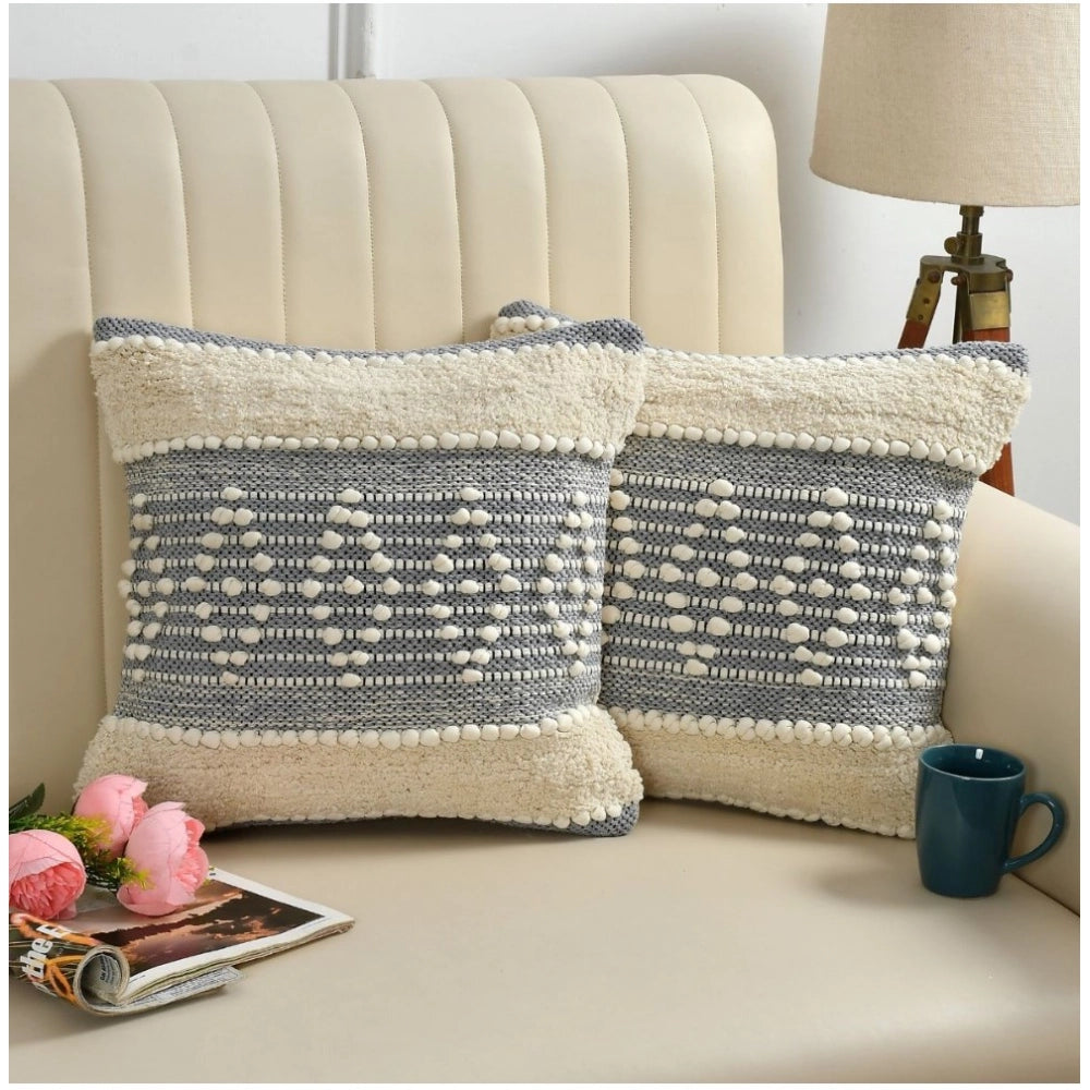 Amfyn Cotton Diamond Handcrafted Pit Loom Cushion Cover 16x16 Inch Pack of 2 (Grey Cream)