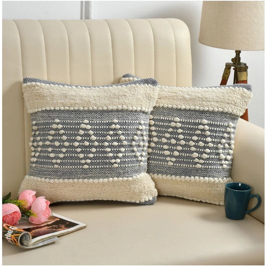 Amfyn Cotton Diamond Handcrafted Pit Loom Cushion Cover 16x16 Inch Pack of 2 (Grey Cream)