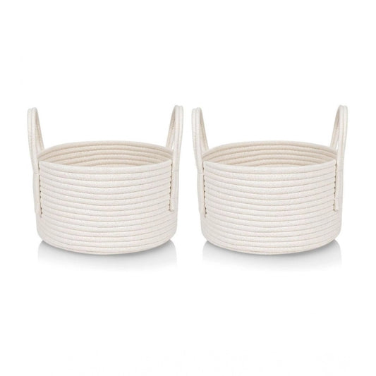 Amfyn Cotton Round Storage Rope Woven Baskets Pack of 2 (White)