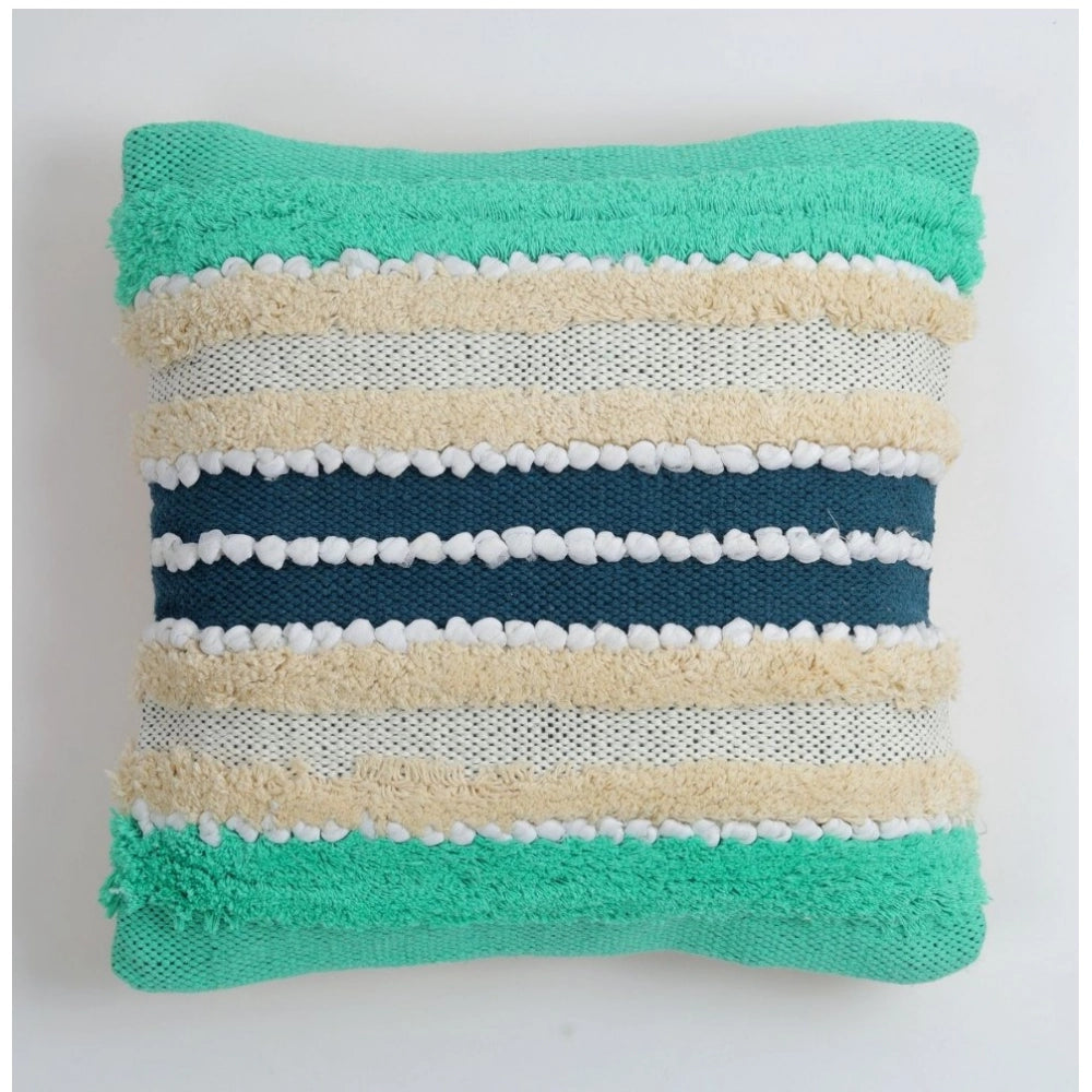 Amfyn Cotton Striped Handcrafted Pit Loom Cushion Cover 16x16 Inch Pack of 2 (Green Cream)