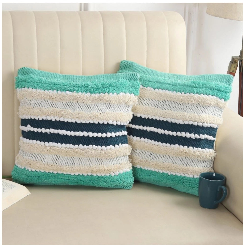 Amfyn Cotton Striped Handcrafted Pit Loom Cushion Cover 16x16 Inch Pack of 2 (Green Cream)