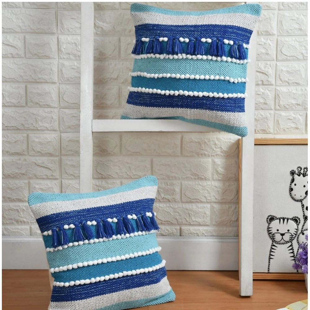 Amfyn Cotton Handcrafted Pit Loom Cushion Cover 16x16 Inch Pack of 2 (Blue)