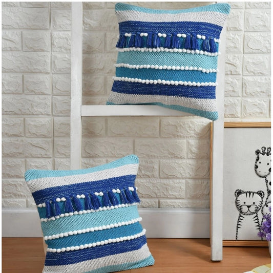 Amfyn Cotton Handcrafted Pit Loom Cushion Cover 16x16 Inch Pack of 2 (Blue)