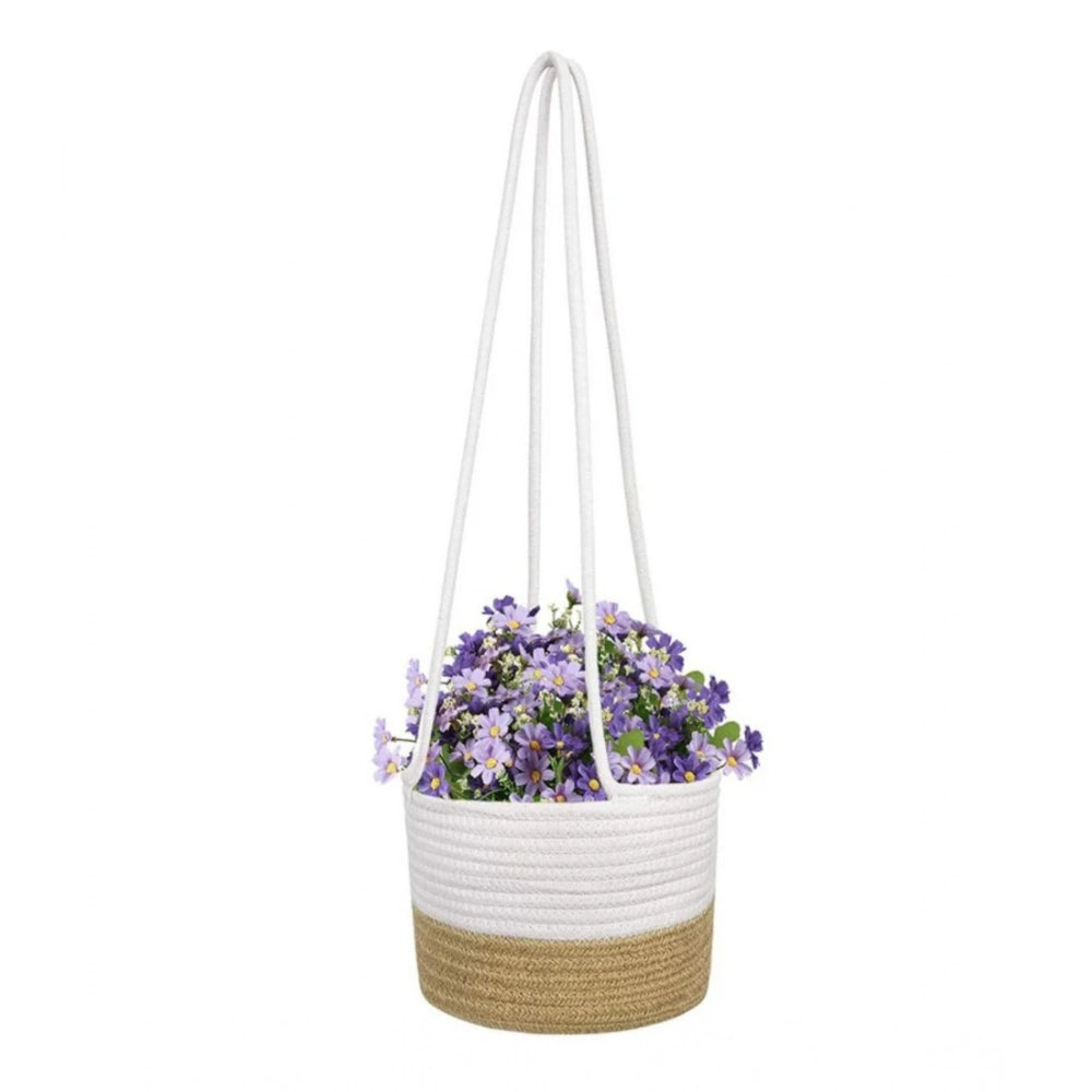 Amfyn Cotton Hanging Planter Flower Basket Pack of 1 (Beige White)