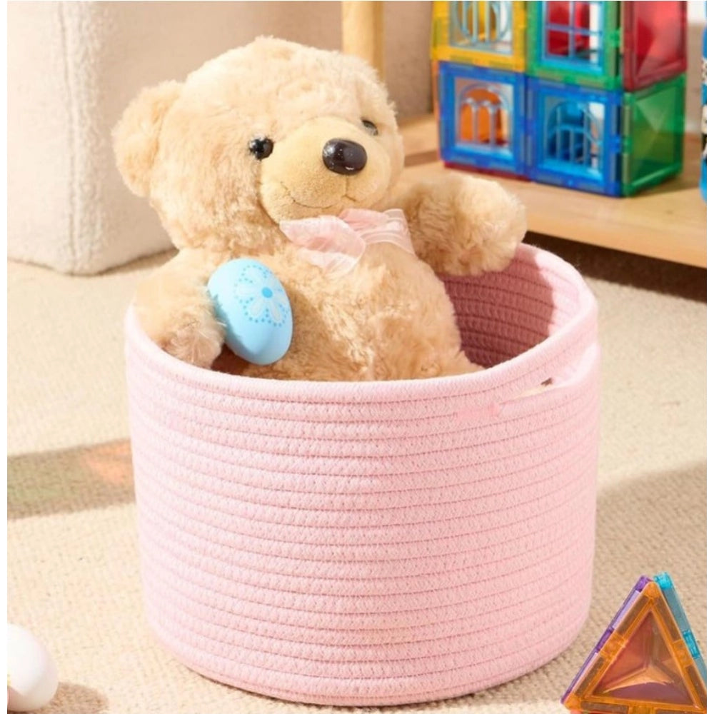 Amfyn Cotton Round Small Storage Basket 9x7 Inch Pack of 1 (Baby Pink)