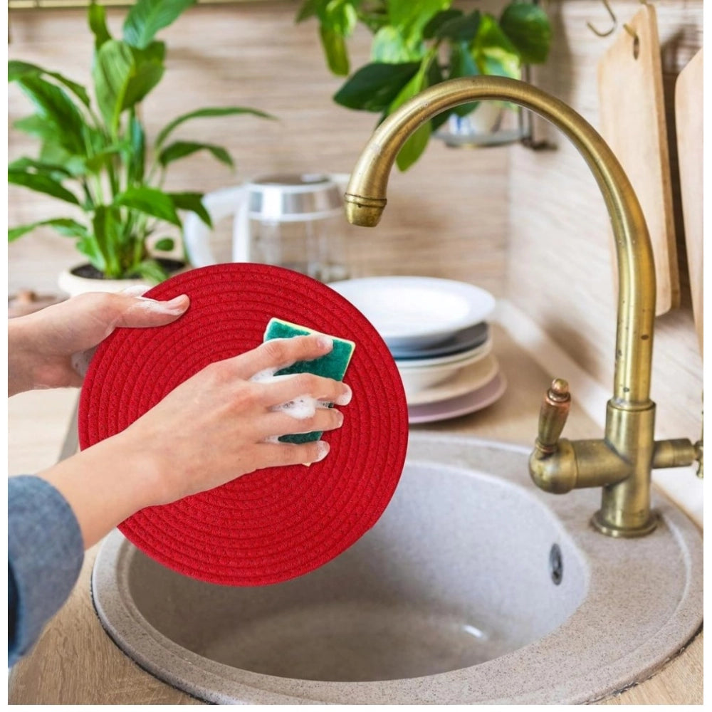 Amfyn Cotton Dining Table Round Placemat Mats Set of 4 (Red)