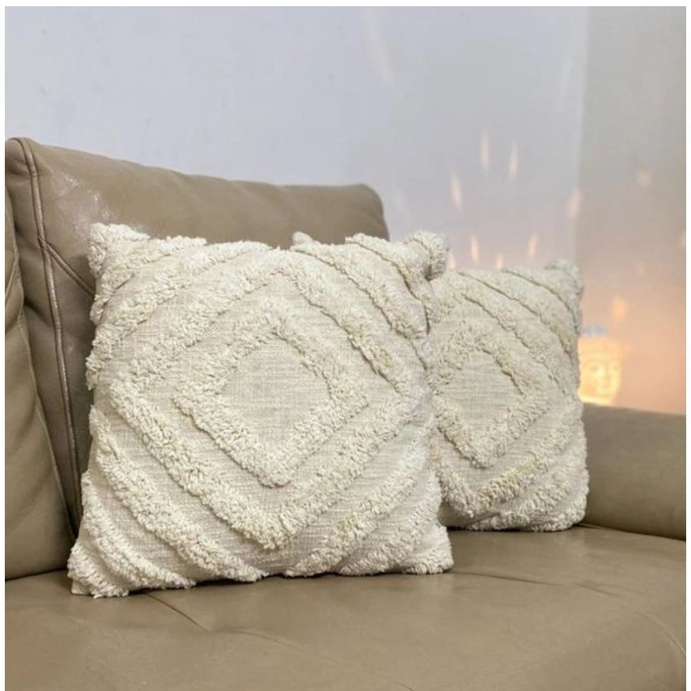 Amfyn Cotton Tufted Cushion Pillow Cover 16x16 Inch Pack of 2 (Off White)