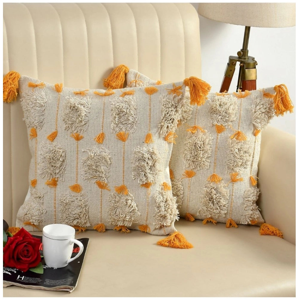Amfyn Cotton Handcrafted Pit Loom Cushion Cover 16x16 Inch Pack of 2 (Yellow)