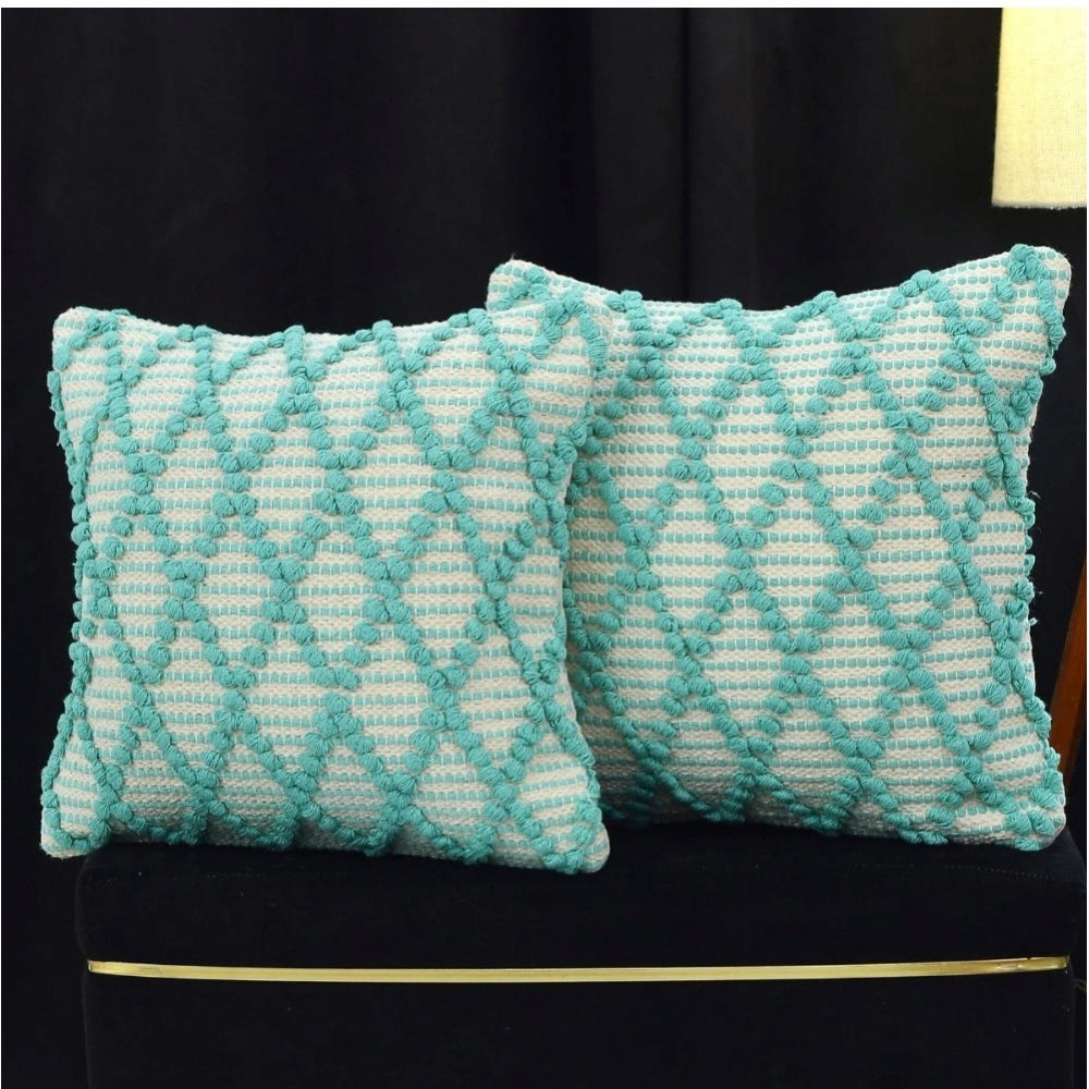 Amfyn Cotton Handcrafted Pit Loom Cushion Cover 16x16 Inch Pack of 2 (Sea Green)