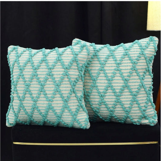 Amfyn Cotton Handcrafted Pit Loom Cushion Cover 16x16 Inch Pack of 2 (Sea Green)
