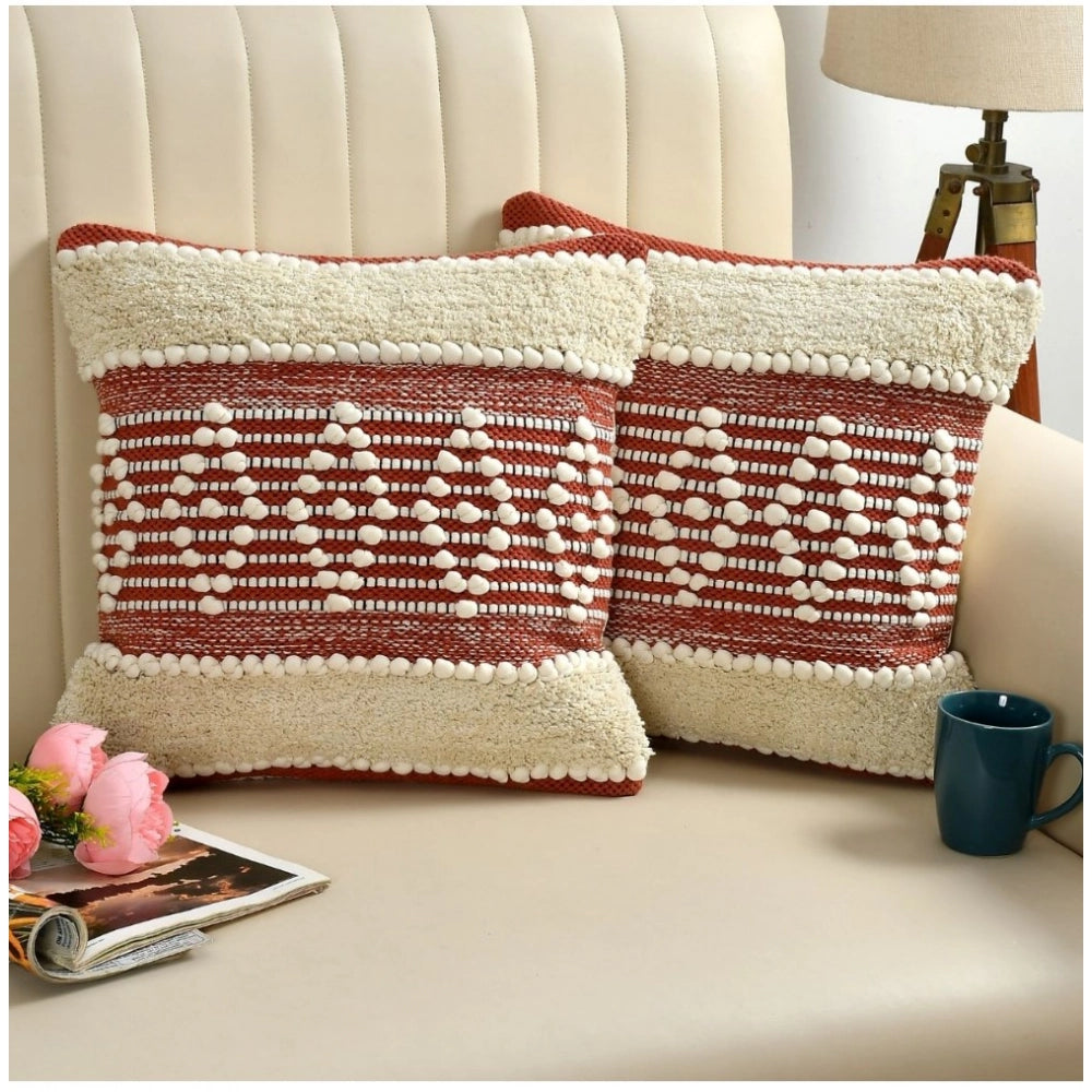 Amfyn Cotton Handcrafted Pit Loom Cushion Cover 16x16 Inch Pack of 2 (Red Cream)