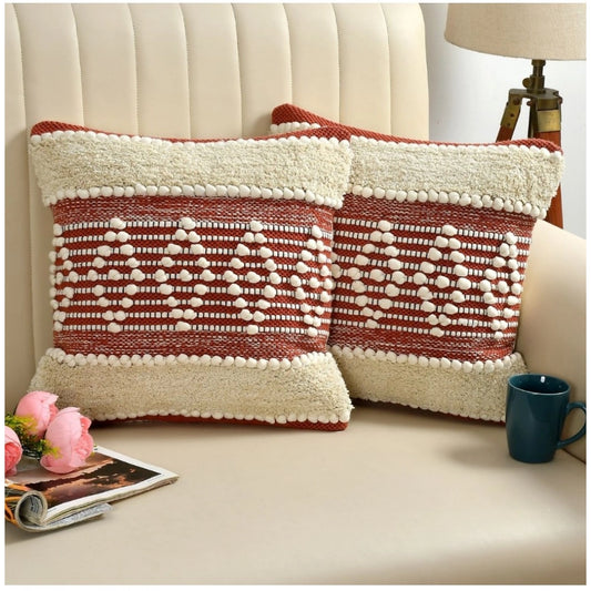 Amfyn Cotton Handcrafted Pit Loom Cushion Cover 16x16 Inch Pack of 2 (Red Cream)