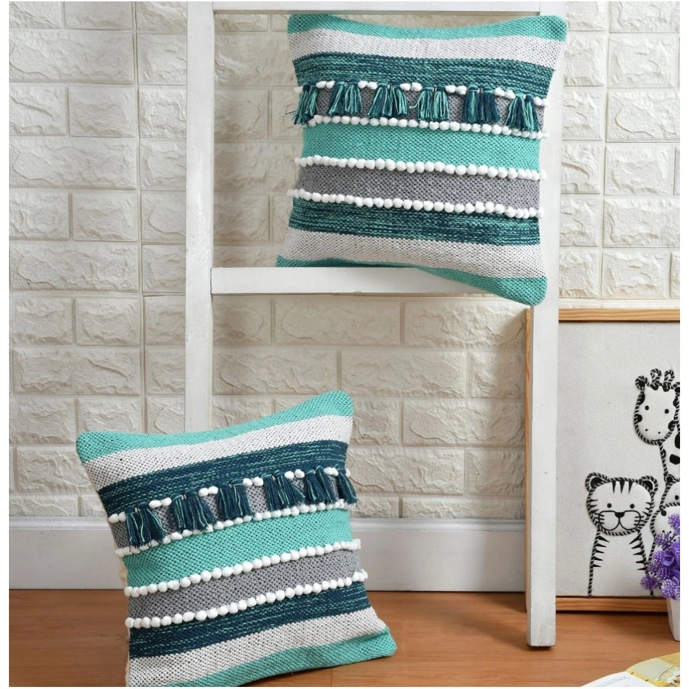Amfyn Cotton Handcrafted Pit Loom Cushion Cover 16x16 Inch Pack of 2 (Green)