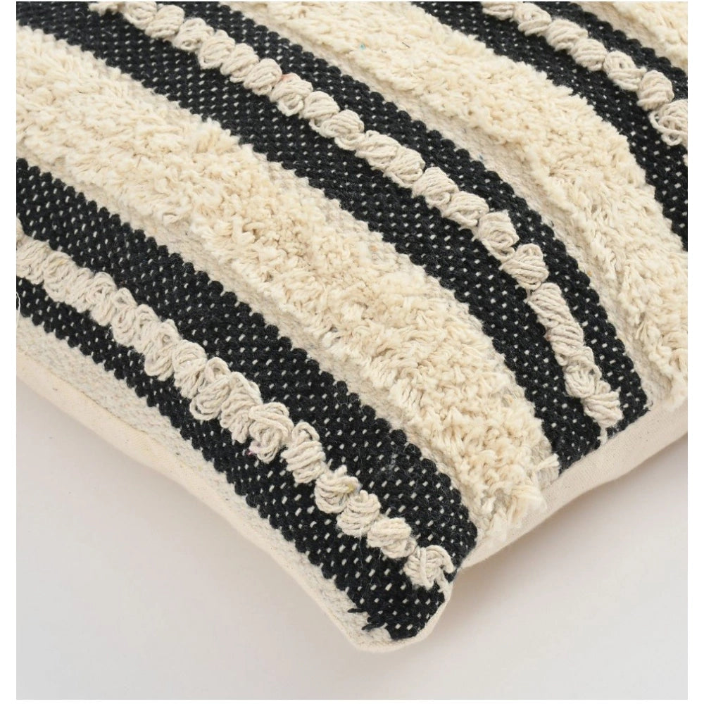 Amfyn Cotton Striped Handcrafted Pit Loom Cushion Cover 16x16 Inch Pack of 2 (Black Cream)