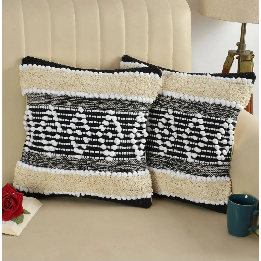 Amfyn Cotton Diamond Handcrafted Pit Loom Cushion Cover 16x16 Inch Pack of 2 (Black Cream)