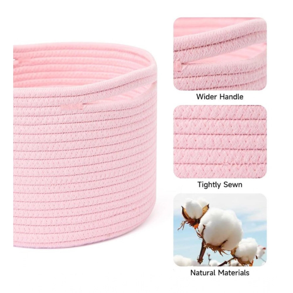 Amfyn Cotton Round Small Storage Basket 9x7 Inch Pack of 1 (Baby Pink)