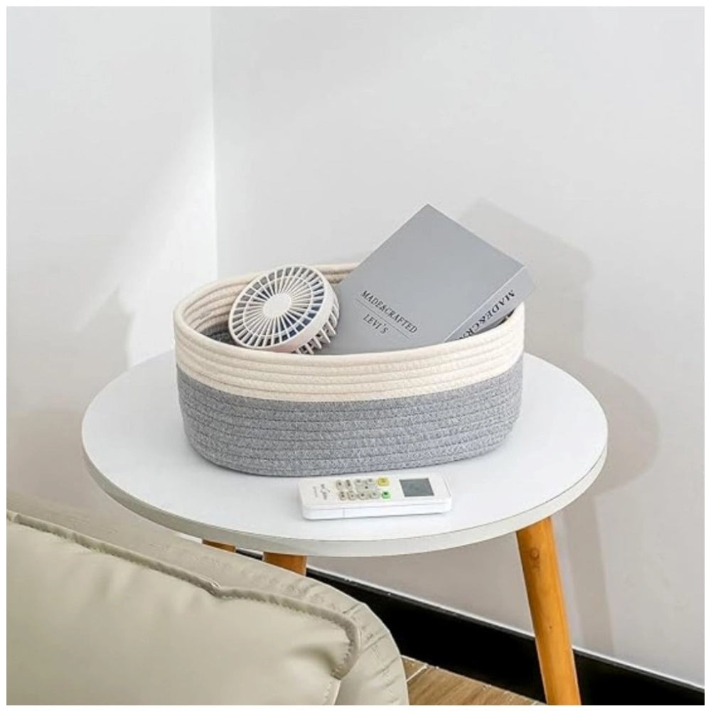 Amfyn Cotton Oval Storage Rope Woven Baskets Pack of 1 (White Grey)