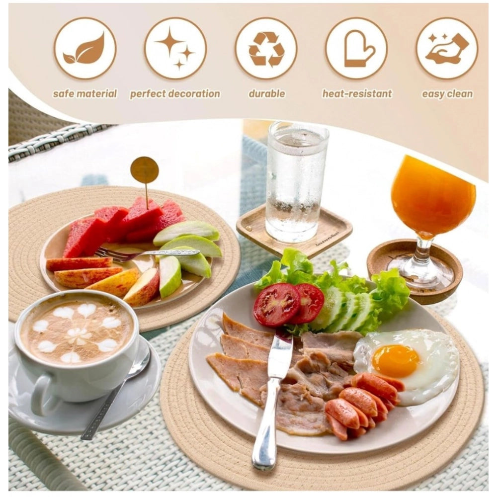 Amfyn Cotton Dining Table Round Placemat Mats Set of 4 (Cream)