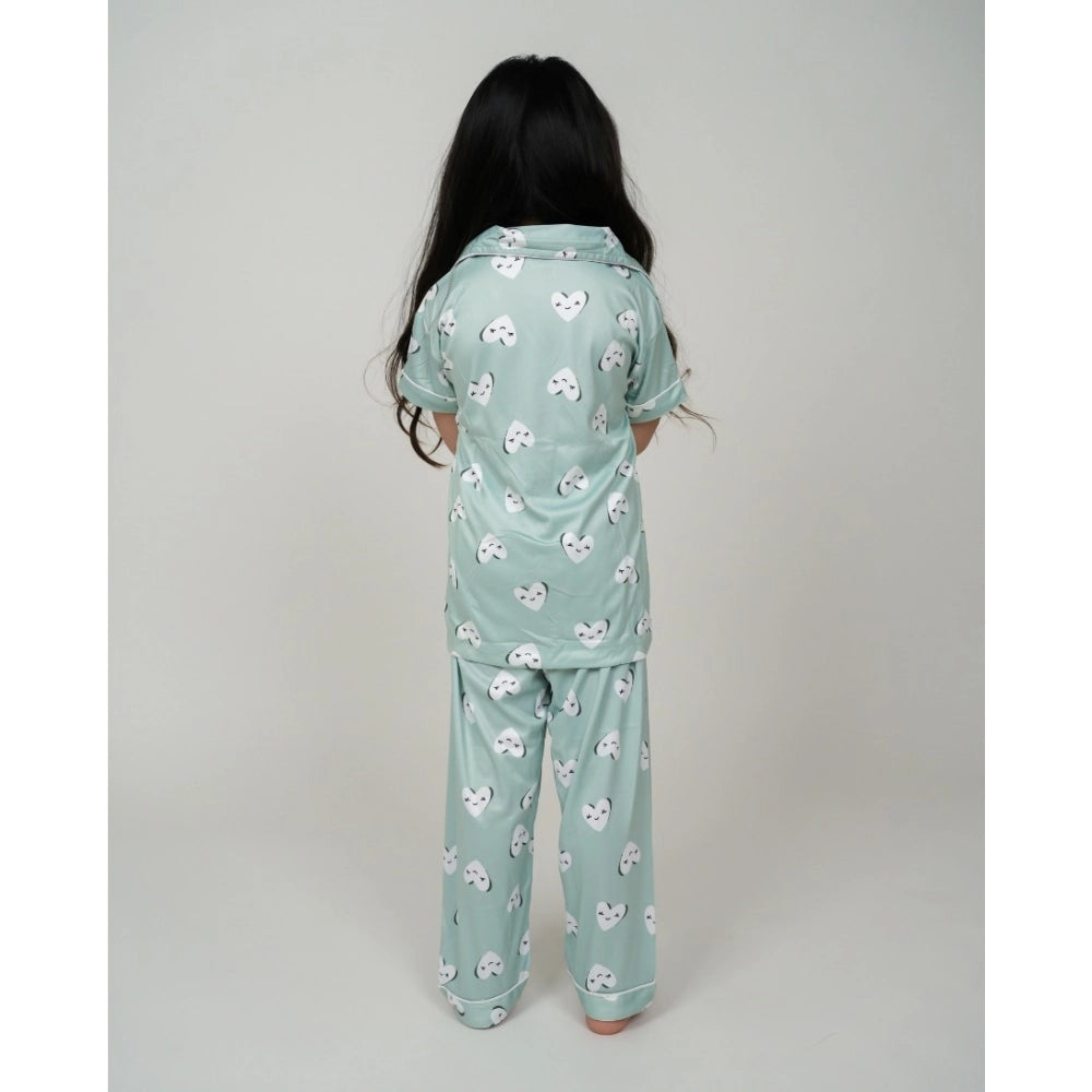 Amfyn Girl's Silk Bleand Printed Short Sleeve Night Suit Set (Light Green)