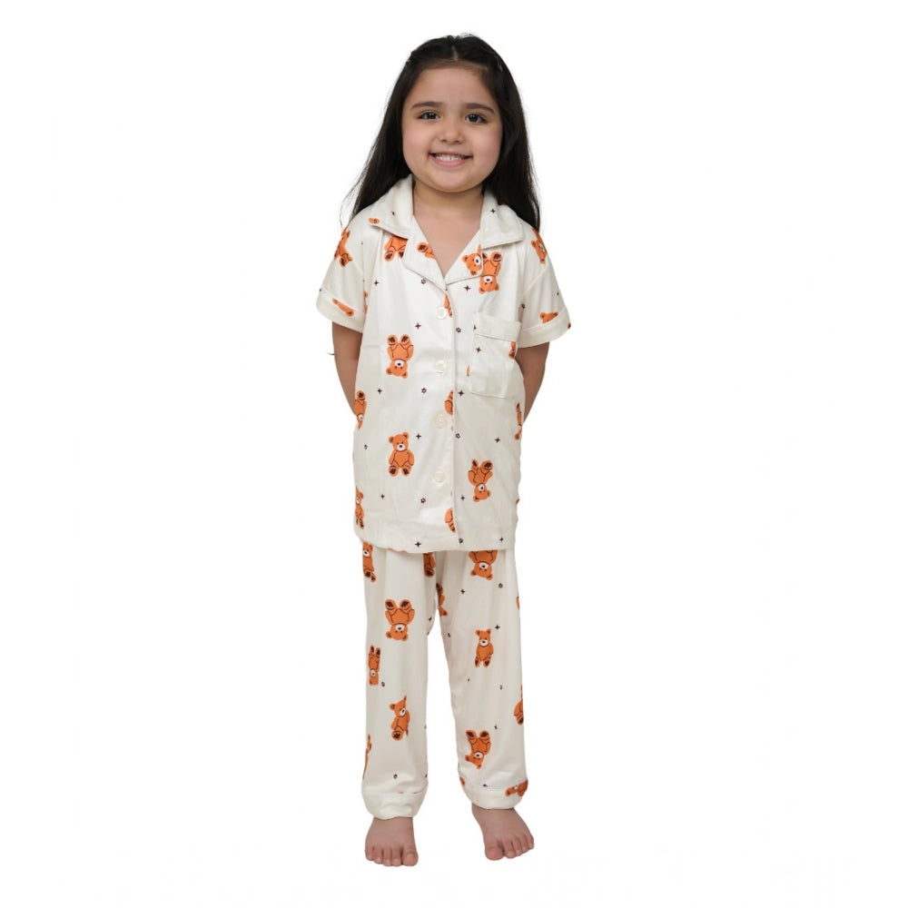 Amfyn Girl's Silk Bleand Printed Short Sleeve Night Suit Set (White)