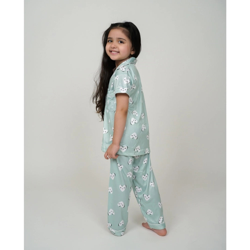 Amfyn Girl's Silk Bleand Printed Short Sleeve Night Suit Set (Light Green)