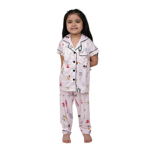 Amfyn Girl's Silk Bleand Printed Short Sleeve Night Suit Set (Light Pink)
