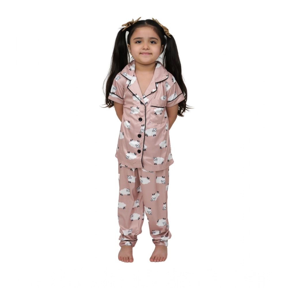 Amfyn Girl's Silk Bleand Printed Short Sleeve Night Suit Set (Brown)